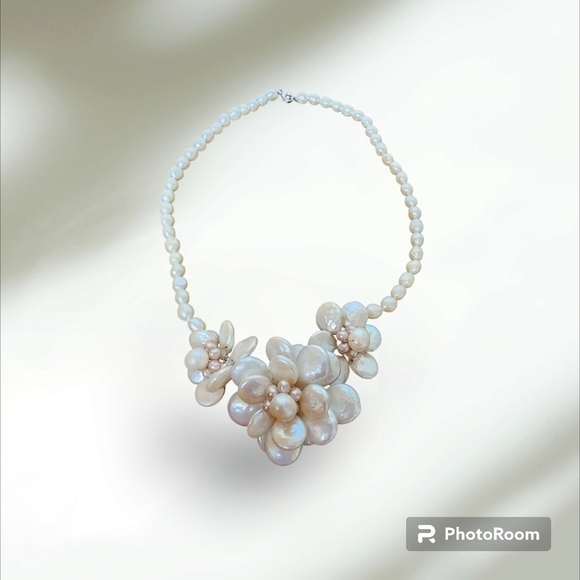 FRESHWATER Pearl Mother Of Pearl Flower Necklace Sterling Silver Hawaiian Shell. - Picture 3 of 16